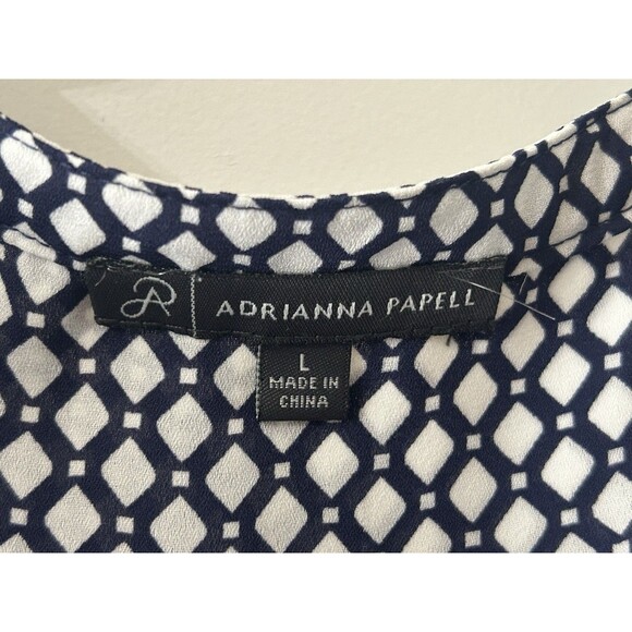 Adrianna Papell Size Large Navy Print V-neck Pullover Blouse Office - Picture 4 of 7